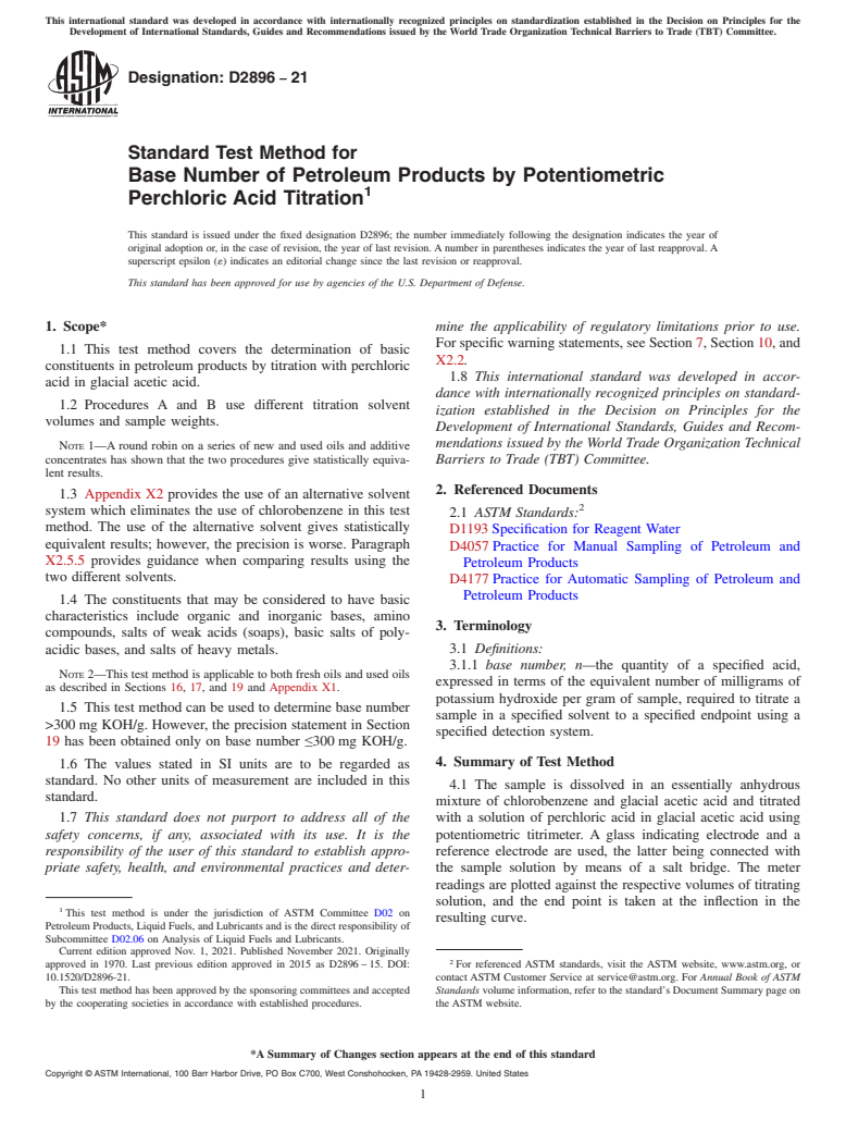 ASTM D2896-21 - Standard Test Method for  Base Number of Petroleum Products by Potentiometric Perchloric   Acid  Titration