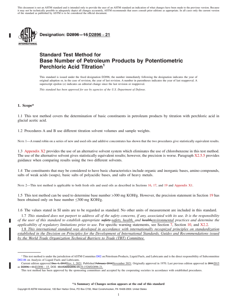 REDLINE ASTM D2896-21 - Standard Test Method for  Base Number of Petroleum Products by Potentiometric Perchloric   Acid  Titration