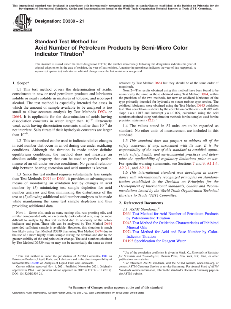 ASTM D3339-21 - Standard Test Method for Acid Number of Petroleum Products by Semi-Micro Color Indicator  Titration