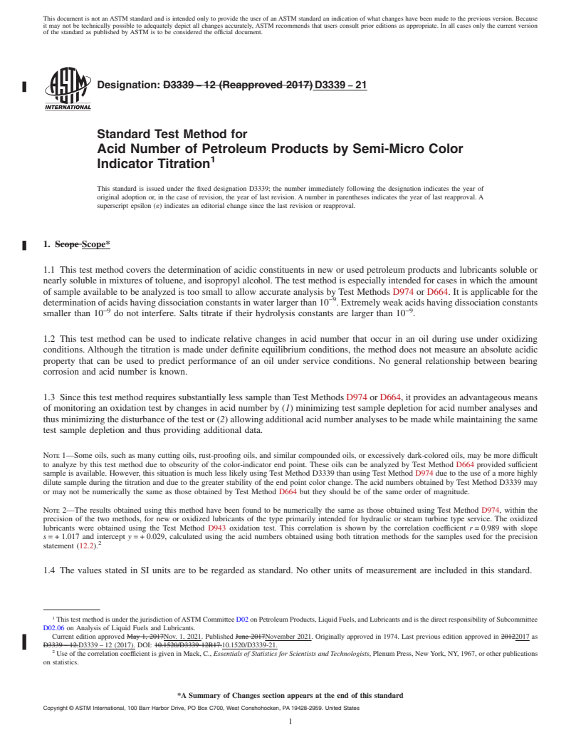 REDLINE ASTM D3339-21 - Standard Test Method for Acid Number of Petroleum Products by Semi-Micro Color Indicator  Titration