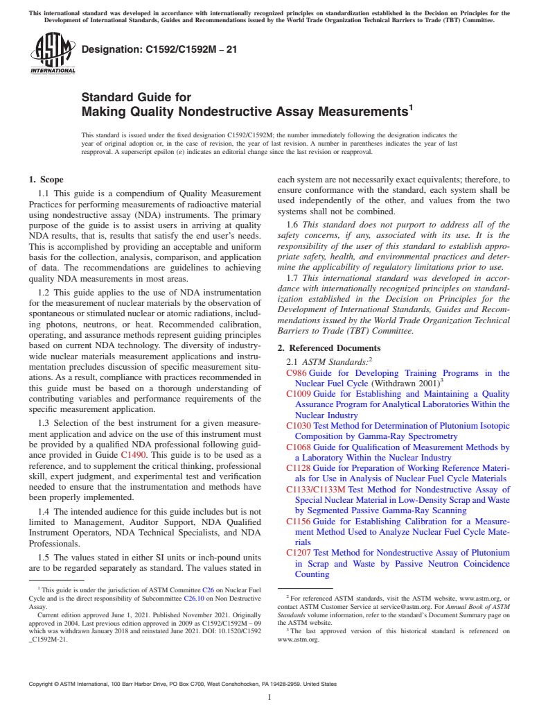 ASTM C1592/C1592M-21 - Standard Guide for Making Quality Nondestructive Assay Measurements