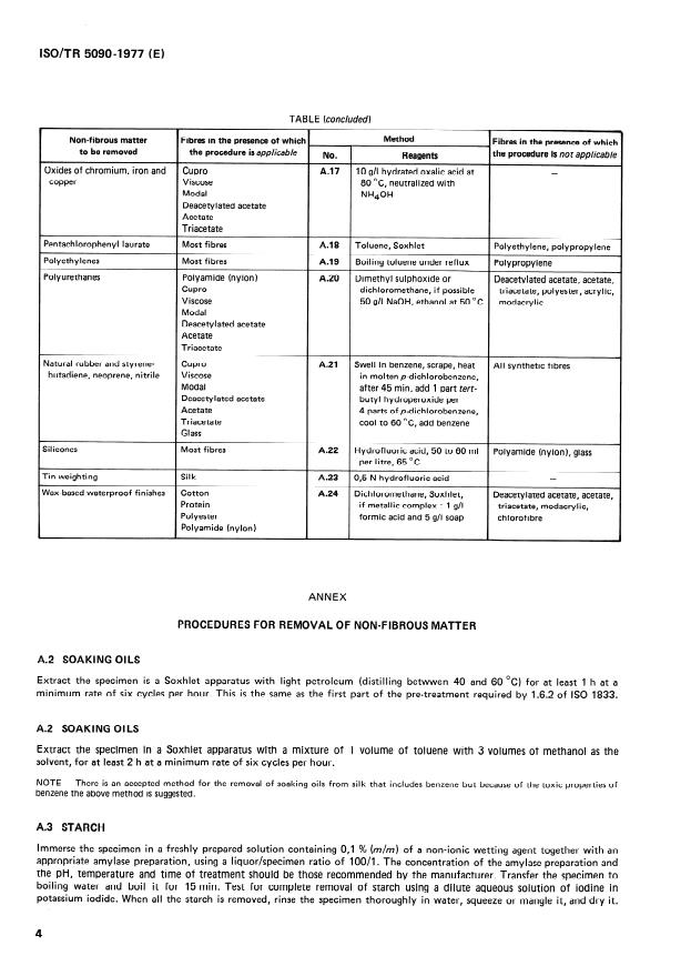 ISO/TR 5090:1977 ISO/TR 5090:1977 - Textiles -- Methods for the removal of non-fibrous matter prior to quantitative analysis of fibre mixtures - Page 4 preview