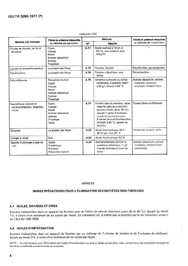 ISO/TR 5090:1977 ISO/TR 5090:1977 - Textiles -- Méthodes d'élimination des matieres non fibreuses, préalablement a l'analyse quantitative des mélanges de fibres - Page 4 preview