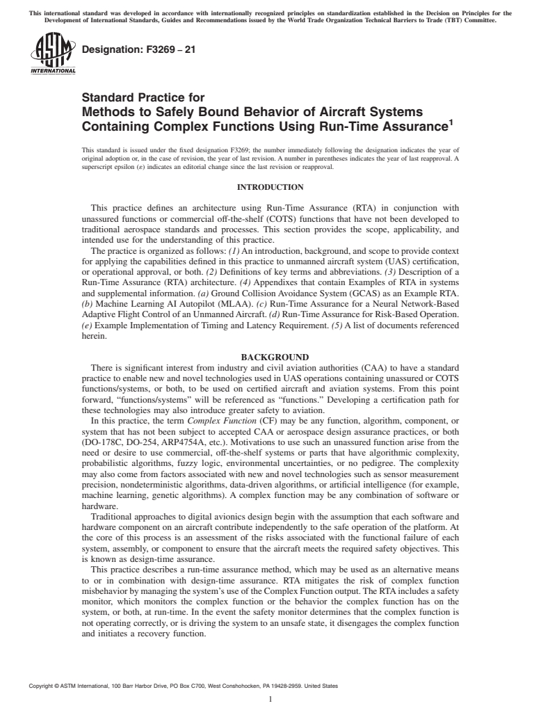 ASTM F3269-21 - Standard Practice for Methods to Safely Bound Behavior of Aircraft Systems Containing  Complex Functions Using Run-Time Assurance