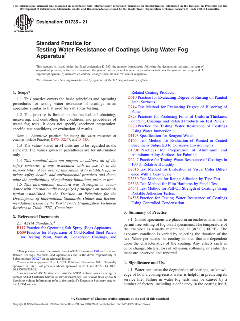 ASTM D1735-21 - Standard Practice for Testing Water Resistance of Coatings Using Water Fog Apparatus