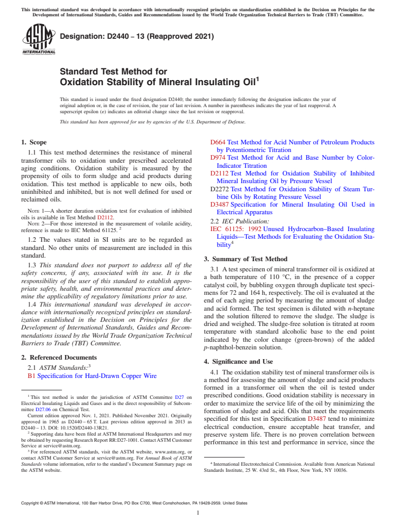 ASTM D2440-13(2021) - Standard Test Method for  Oxidation Stability of Mineral Insulating Oil