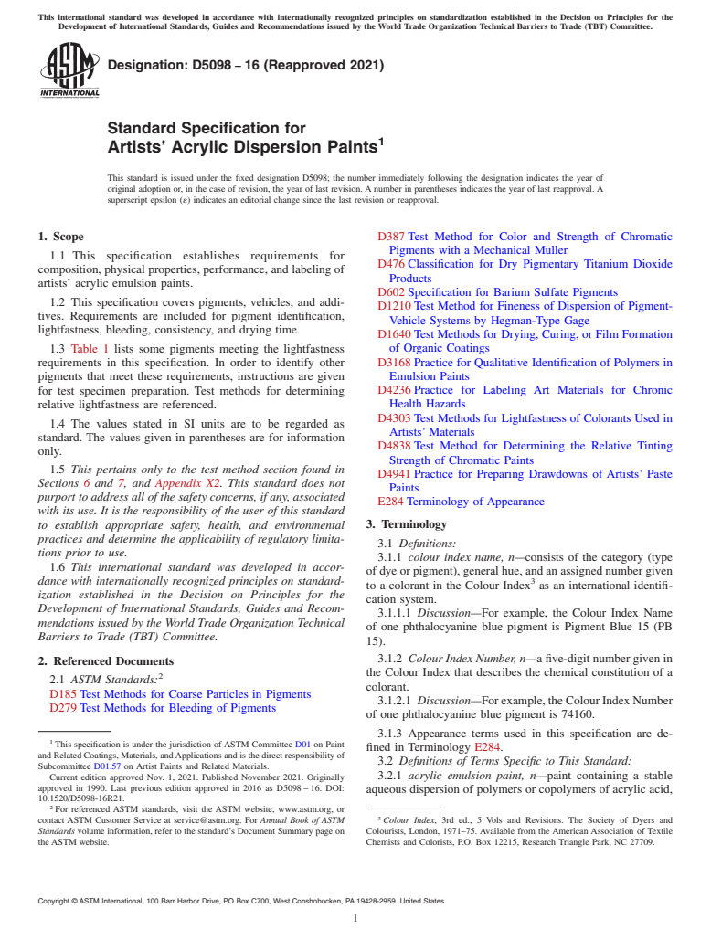 ASTM D5098-16(2021) - Standard Specification for Artists' Acrylic Dispersion Paints