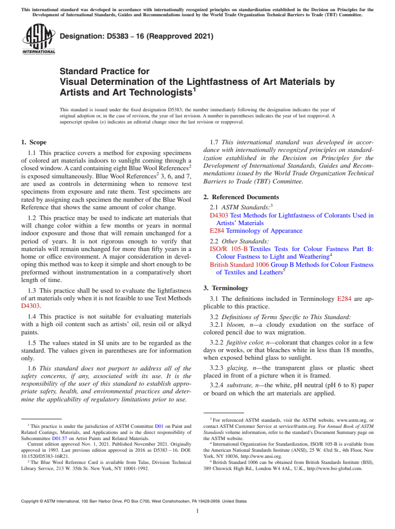 ASTM D5383-16(2021) - Standard Practice for Visual Determination of the Lightfastness of Art Materials   by Artists and Art Technologists