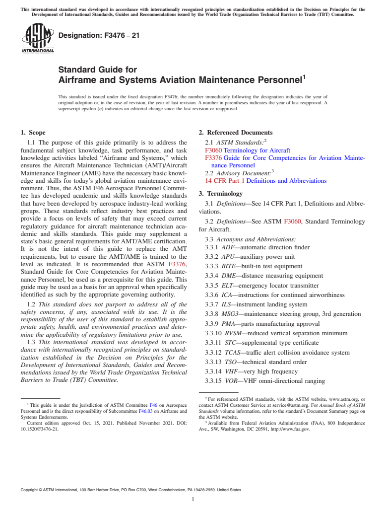 ASTM F3476-21 - Standard Guide for Airframe and Systems Aviation Maintenance Personnel