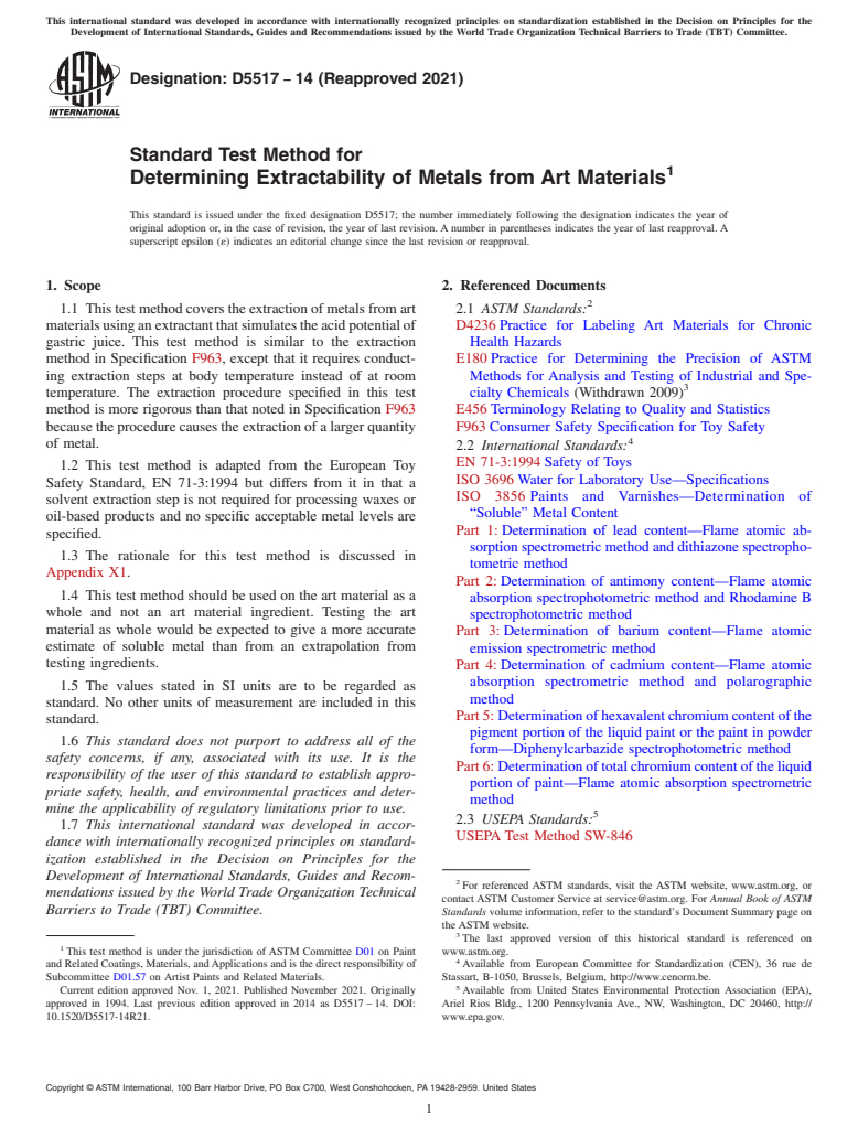 ASTM D5517-14(2021) - Standard Test Method for Determining Extractability of Metals from Art Materials