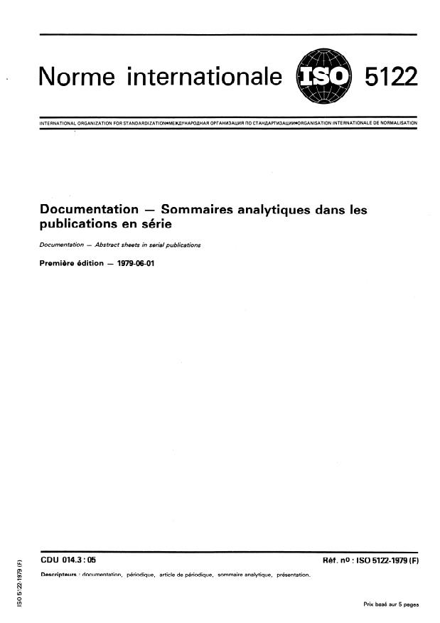 ISO 5122:1979 - Documentation -- Sommaires analytiques dans les publications en série