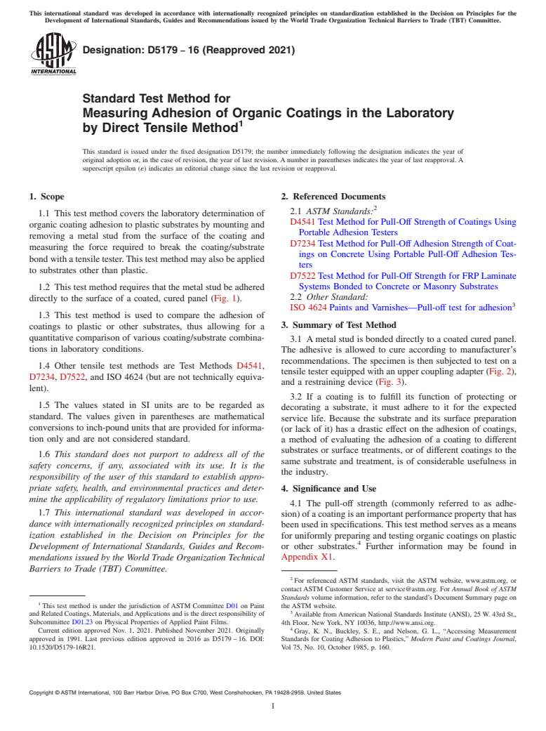 ASTM D5179-16(2021) - Standard Test Method for Measuring Adhesion of Organic Coatings in the Laboratory by  Direct Tensile Method