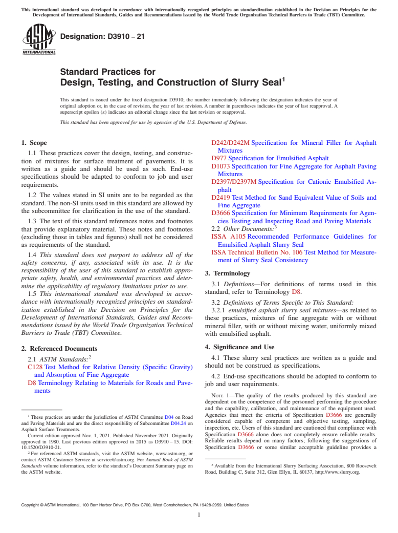 ASTM D3910-21 - Standard Practices for  Design, Testing, and Construction of Slurry Seal