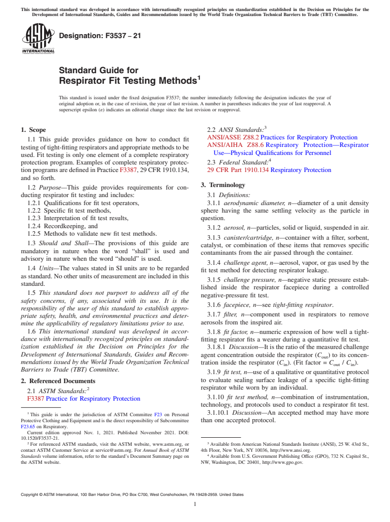 ASTM F3537-21 - Standard Guide for Respirator Fit Testing Methods