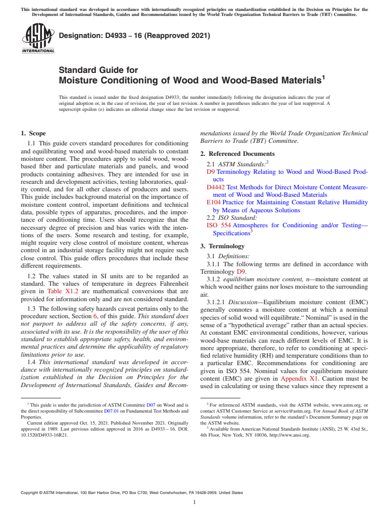 ASTM D4933-16(2021) - Standard Guide for  Moisture Conditioning of Wood and Wood-Based Materials