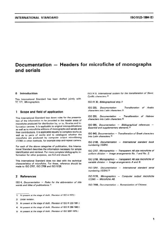 ISO 5123:1984 - Documentation -- Headers for microfiche of monographs and serials