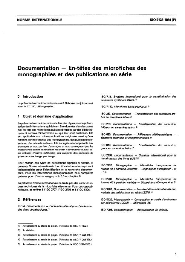 ISO 5123:1984 - Documentation -- En-tetes des microfiches des monographies et des publications en série
