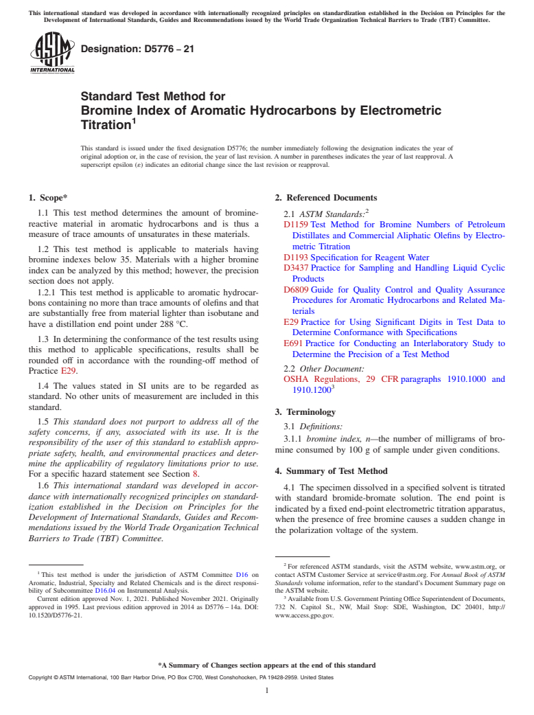 ASTM D5776-21 - Standard Test Method for Bromine Index of Aromatic Hydrocarbons by Electrometric Titration