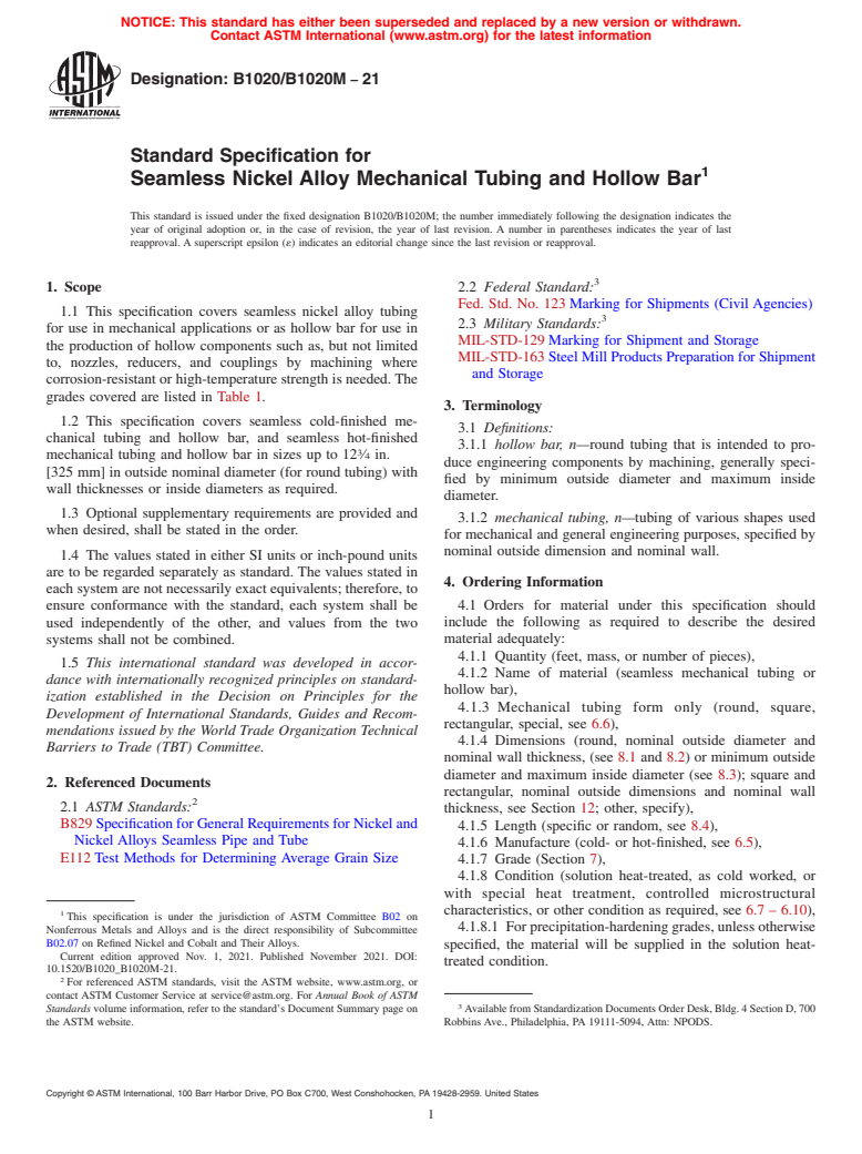 ASTM B1020/B1020M-21 - Standard Specification for Seamless Nickel Alloy Mechanical Tubing and Hollow Bar