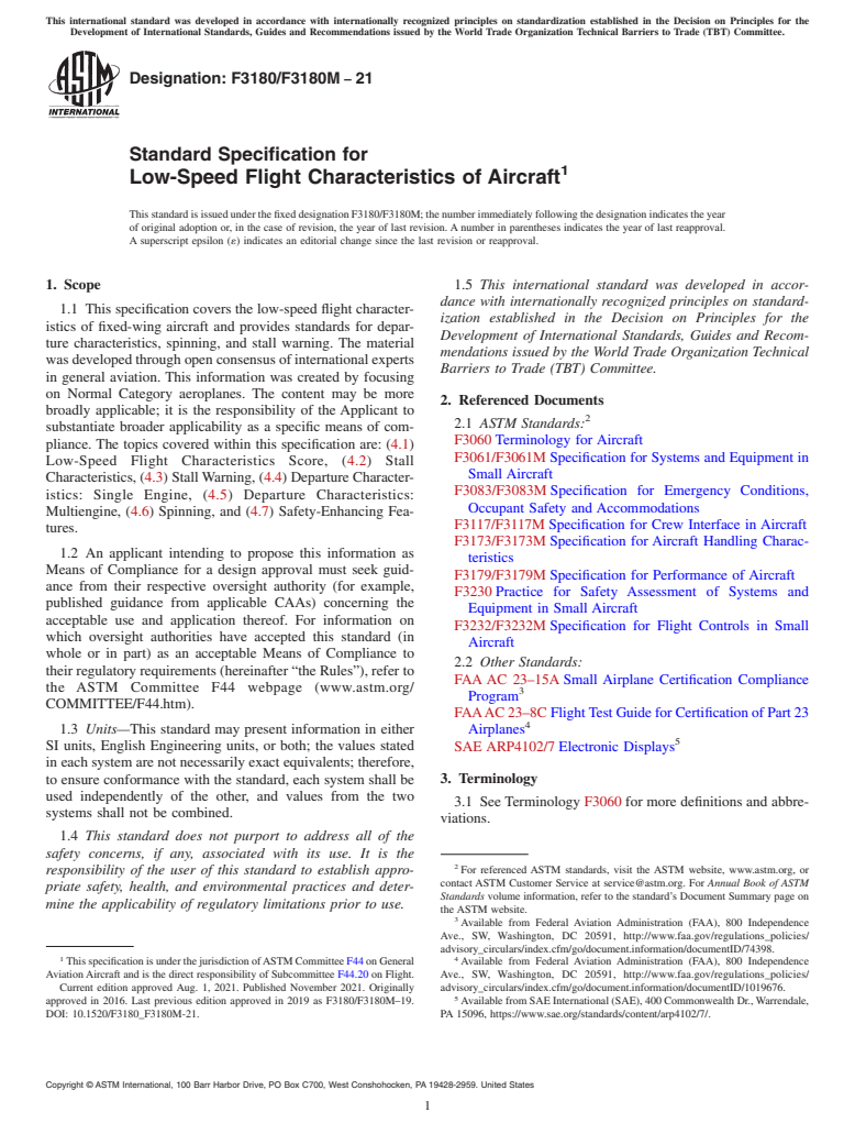 ASTM F3180/F3180M-21 - Standard Specification for Low-Speed Flight Characteristics of Aircraft