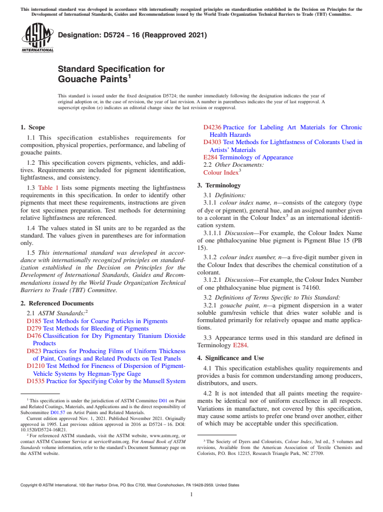 ASTM D5724-16(2021) - Standard Specification for Gouache Paints