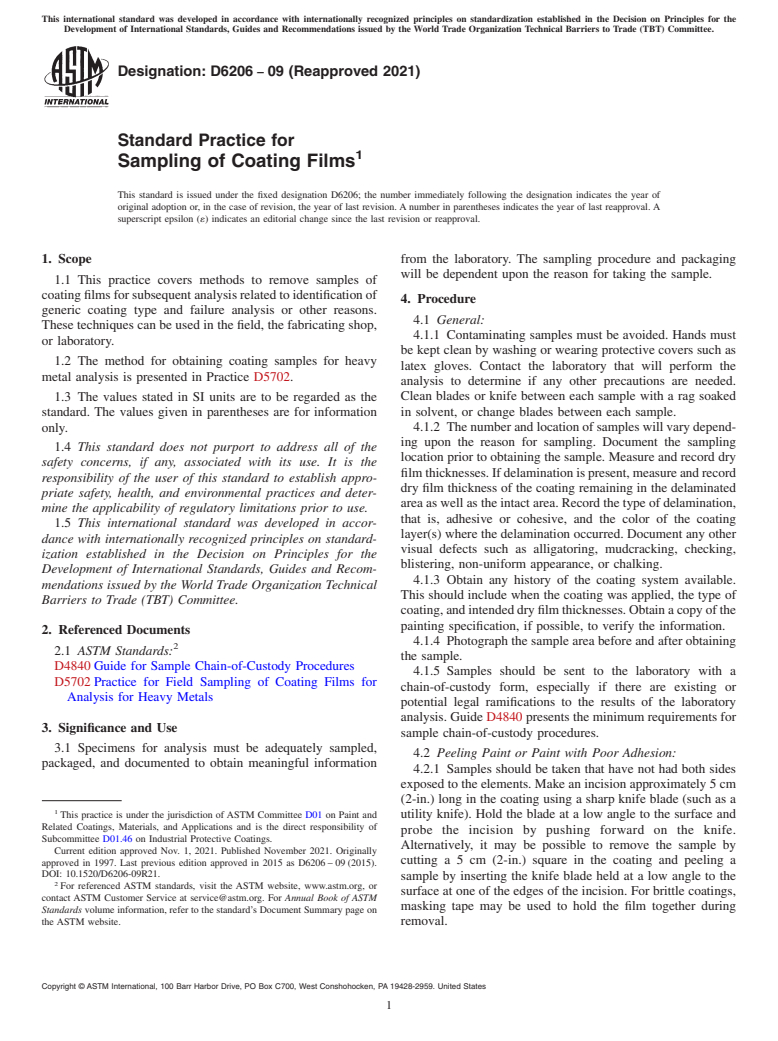 ASTM D6206-09(2021) - Standard Practice for  Sampling of Coating Films