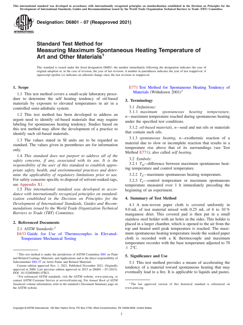 ASTM D6801-07(2021) - Standard Test Method for Measuring Maximum Spontaneous Heating Temperature of Art and   Other Materials