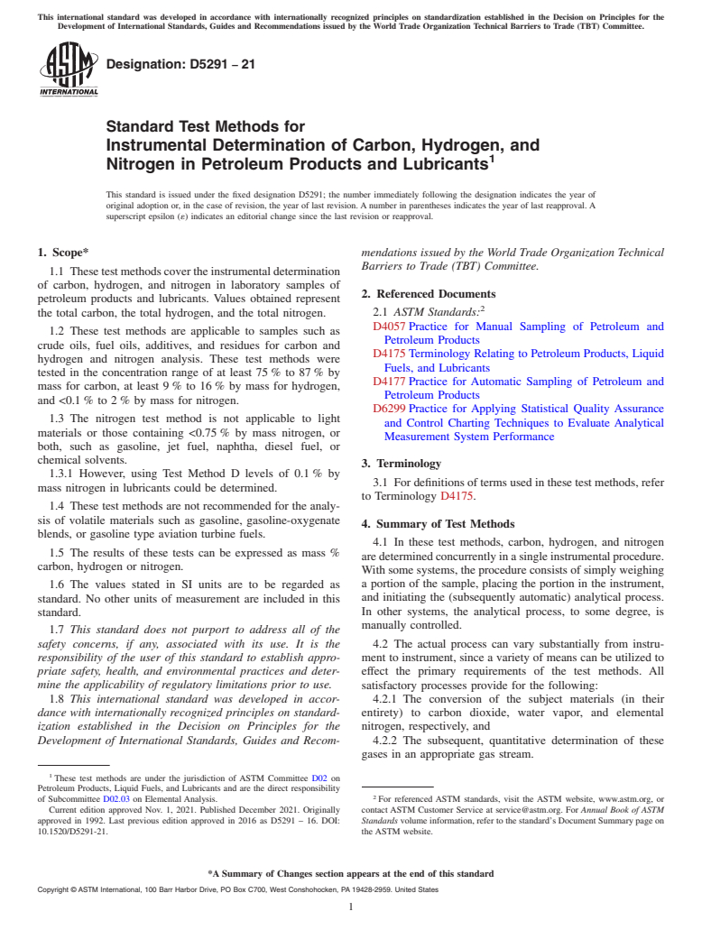 ASTM D5291-21 - Standard Test Methods for  Instrumental Determination of Carbon, Hydrogen, and Nitrogen   in Petroleum Products and Lubricants