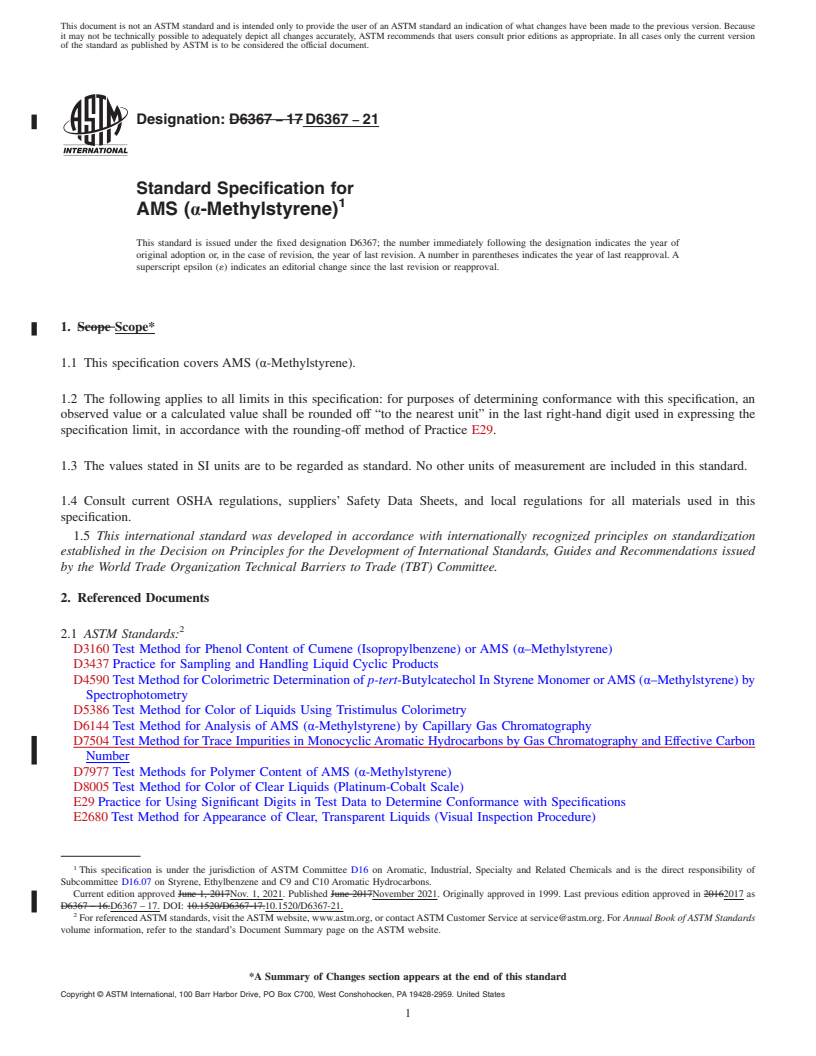 REDLINE ASTM D6367-21 - Standard Specification for AMS (α-Methylstyrene)