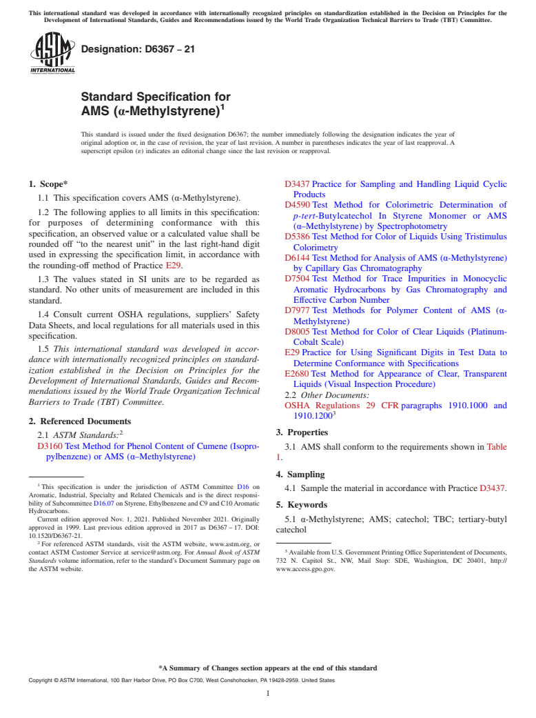 ASTM D6367-21 - Standard Specification for AMS (α-Methylstyrene)