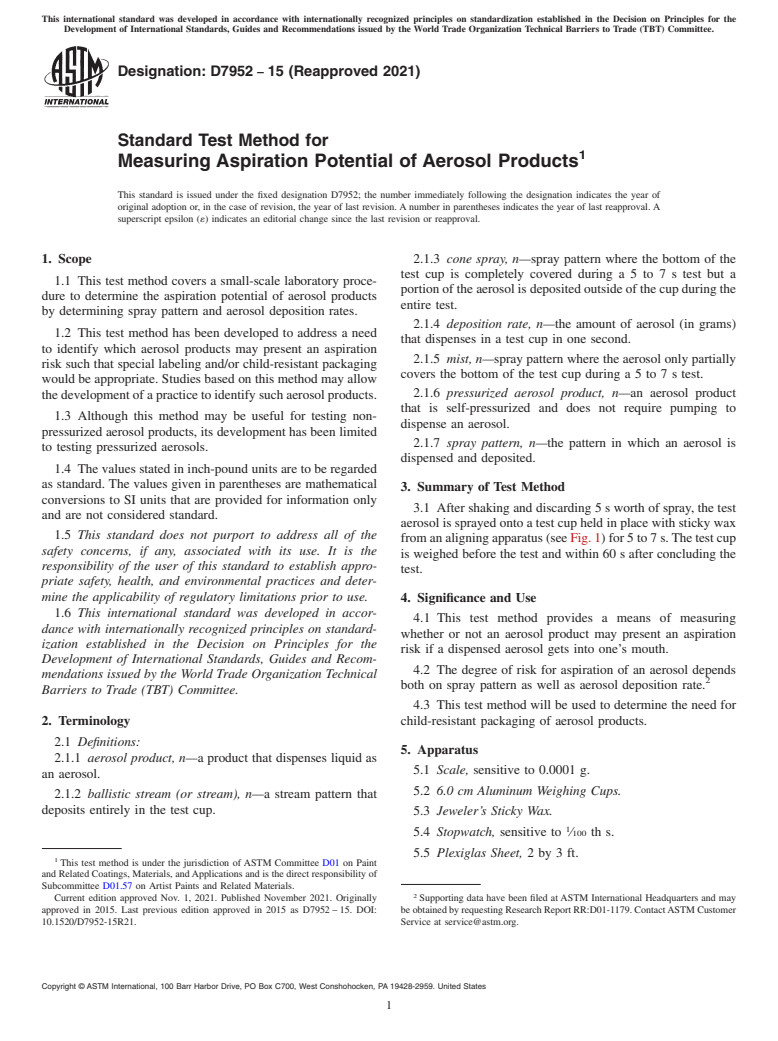 ASTM D7952-15(2021) - Standard Test Method for Measuring Aspiration Potential of Aerosol Products