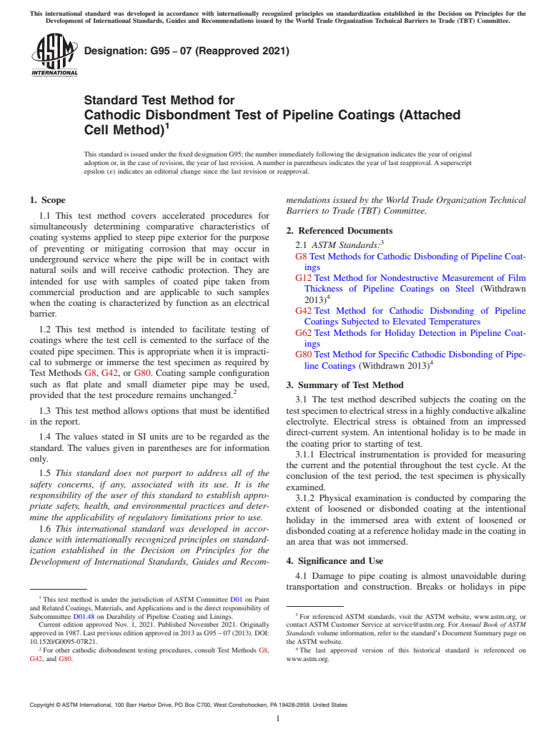 ASTM G95-07(2021) - Standard Test Method for Cathodic Disbondment Test of Pipeline Coatings (Attached Cell  Method)