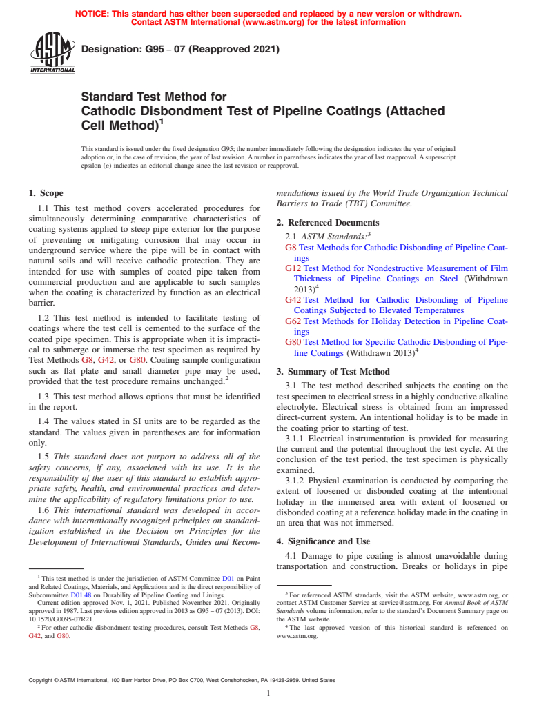 ASTM G95-07(2021) - Standard Test Method for Cathodic Disbondment Test of Pipeline Coatings (Attached Cell  Method) (Withdrawn 2024)