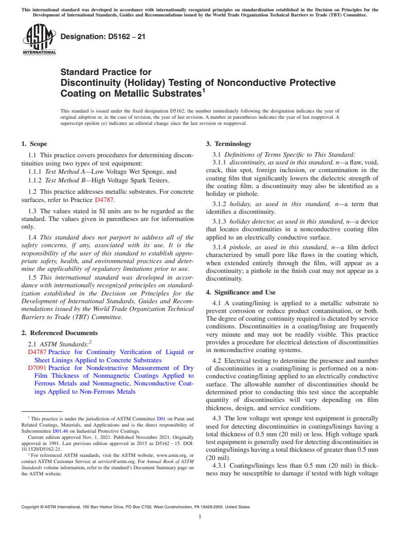 ASTM D5162-21 - Standard Practice for Discontinuity (Holiday) Testing of Nonconductive Protective   Coating  on Metallic Substrates