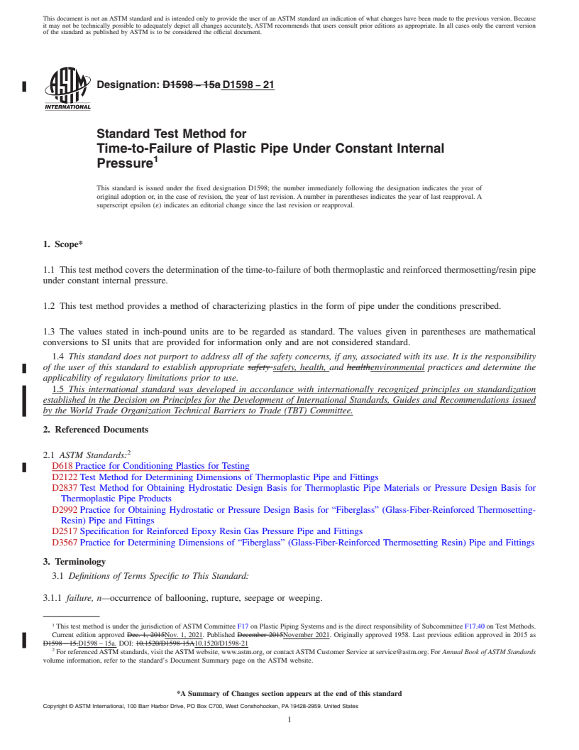 REDLINE ASTM D1598-21 - Standard Test Method for  Time-to-Failure of Plastic Pipe Under Constant Internal Pressure