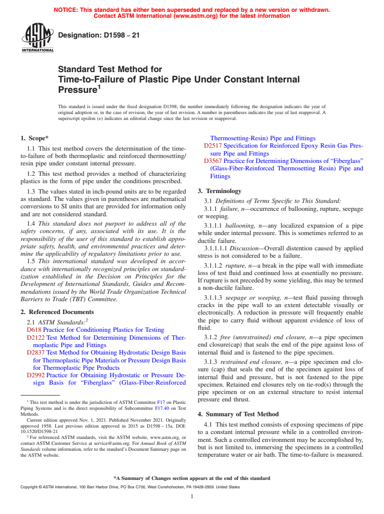 ASTM D1598-21 - Standard Test Method for  Time-to-Failure of Plastic Pipe Under Constant Internal Pressure