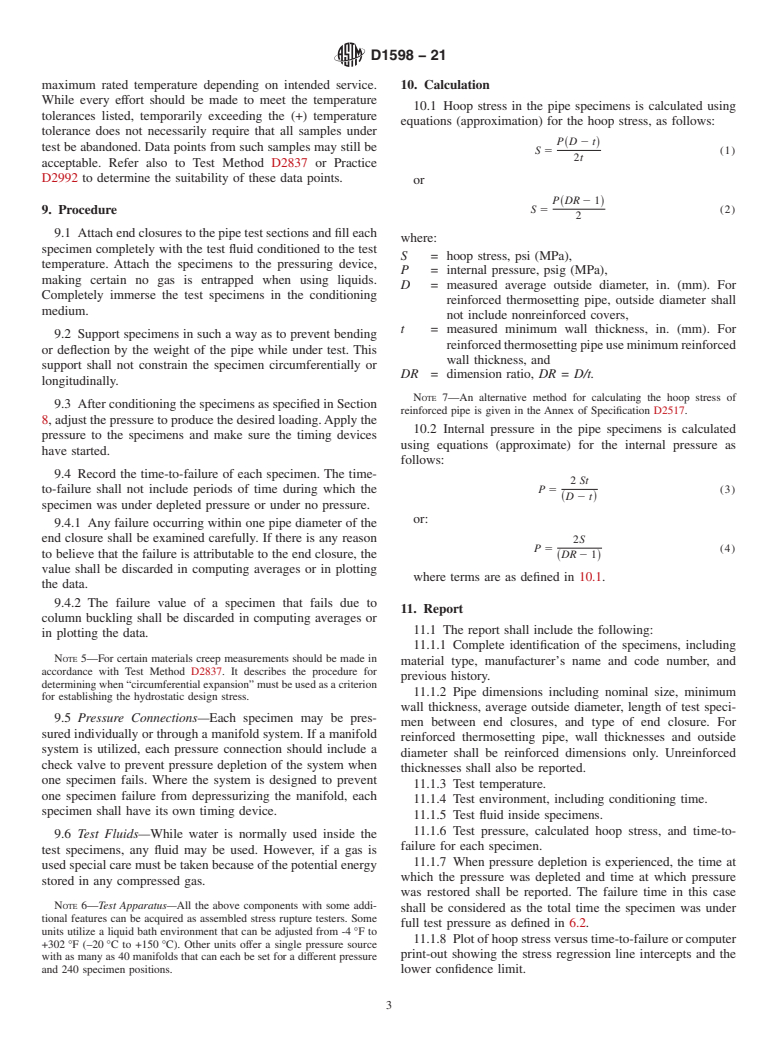 ASTM D1598-21 - Standard Test Method for  Time-to-Failure of Plastic Pipe Under Constant Internal Pressure