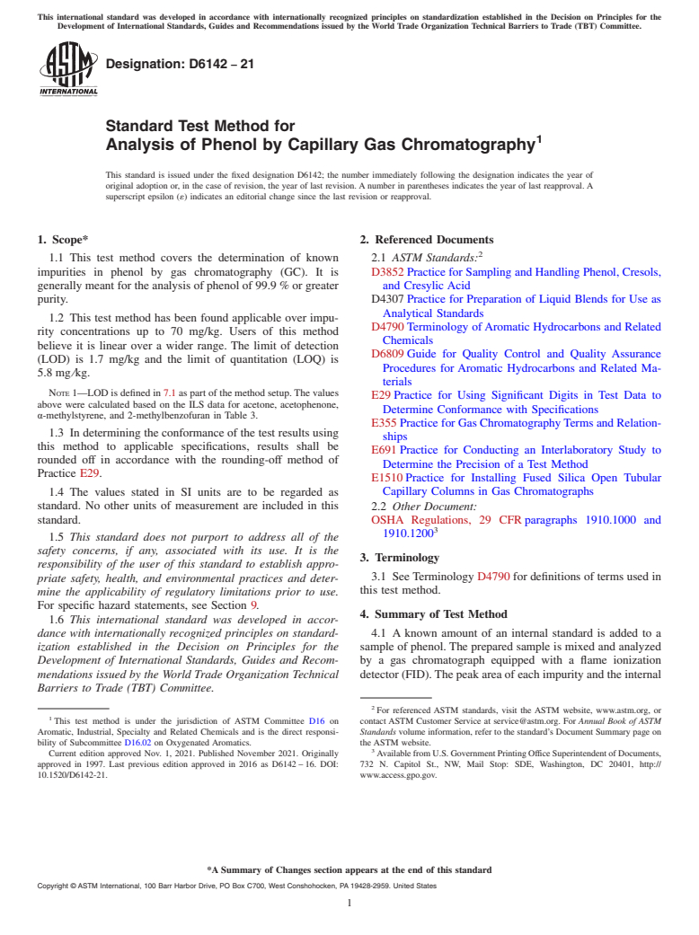 ASTM D6142-21 - Standard Test Method for Analysis of Phenol by Capillary Gas Chromatography