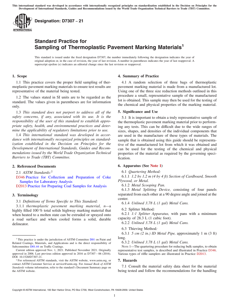 ASTM D7307-21 - Standard Practice for Sampling of Thermoplastic Pavement Marking Materials