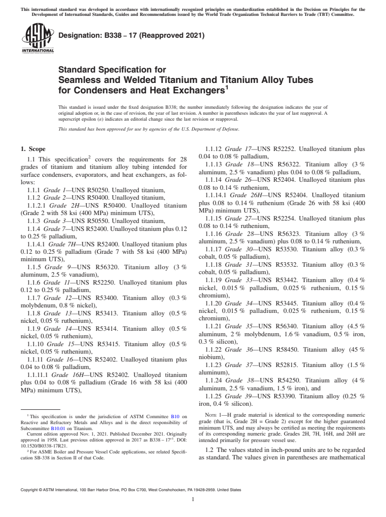 ASTM B338-17(2021) - Standard Specification for Seamless and Welded Titanium and Titanium Alloy Tubes for Condensers              and Heat Exchangers