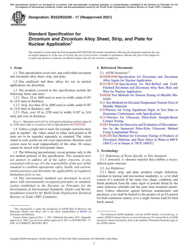 ASTM B352/B352M-17(2021) - Standard Specification for Zirconium and Zirconium Alloy Sheet, Strip, and Plate for Nuclear  Application