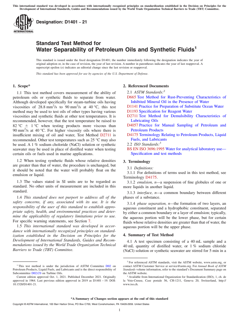 ASTM D1401-21 - Standard Test Method for  Water Separability of Petroleum Oils and Synthetic Fluids