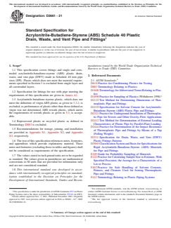 ASTM D2661-21 ASTM D2661-21 - Standard Specification for Acrylonitrile-Butadiene-Styrene (ABS) Schedule 40 Plastic Drain, Waste, and Vent Pipe and Fittings - Page 1 preview