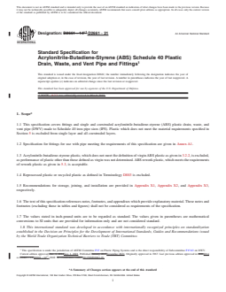 ASTM D2661-21 REDLINE ASTM D2661-21 - Standard Specification for Acrylonitrile-Butadiene-Styrene (ABS) Schedule 40 Plastic Drain, Waste, and Vent Pipe and Fittings - Page 1 preview