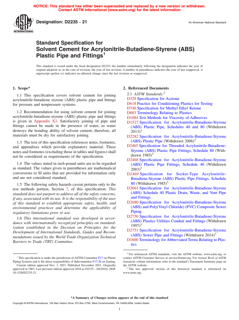 ASTM D2235-21 - Standard Specification for  Solvent Cement for Acrylonitrile-Butadiene-Styrene (ABS) Plastic   Pipe and Fittings
