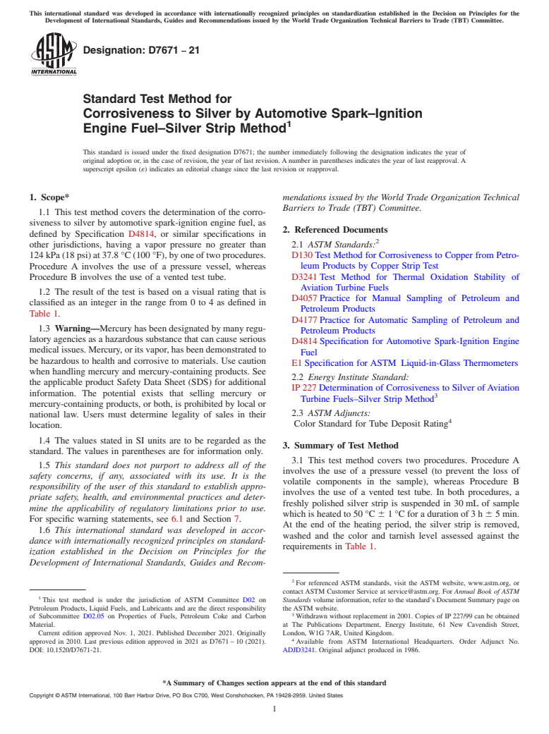 ASTM D7671-21 - Standard Test Method for  Corrosiveness to Silver by Automotive Spark–Ignition  Engine Fuel–Silver Strip Method