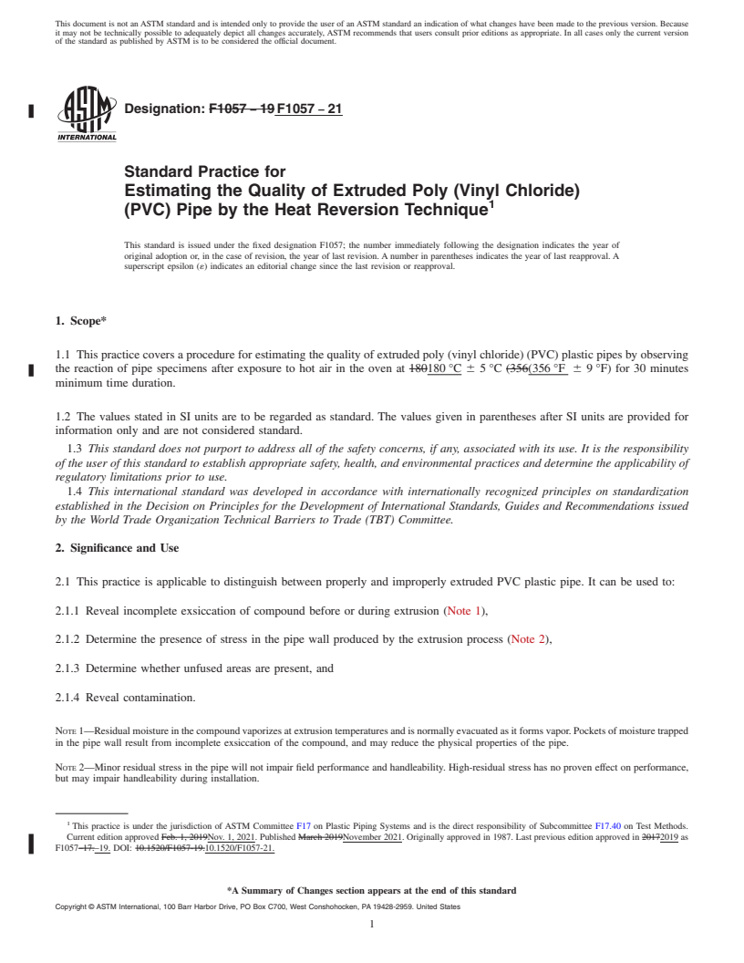 REDLINE ASTM F1057-21 - Standard Practice for  Estimating the Quality of Extruded Poly (Vinyl Chloride) (PVC)   Pipe by the Heat Reversion Technique