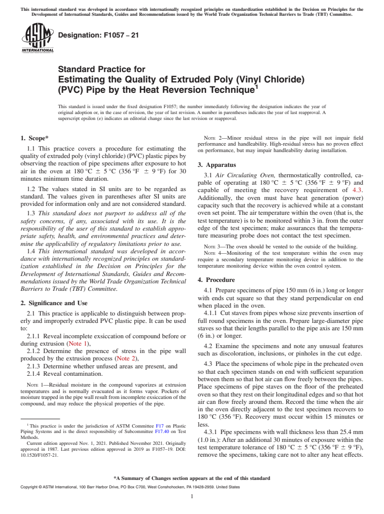 ASTM F1057-21 - Standard Practice for  Estimating the Quality of Extruded Poly (Vinyl Chloride) (PVC)   Pipe by the Heat Reversion Technique