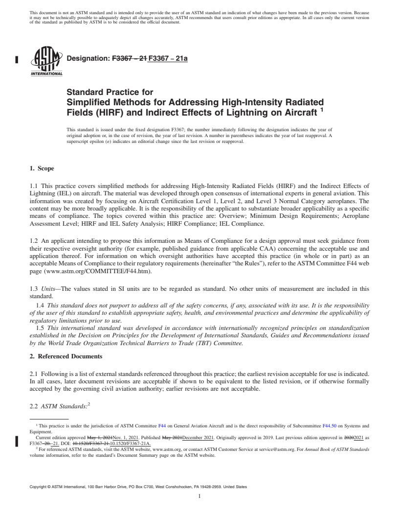 REDLINE ASTM F3367-21a - Standard Practice for Simplified Methods for Addressing High-Intensity Radiated Fields  (HIRF) and Indirect Effects of Lightning on Aircraft