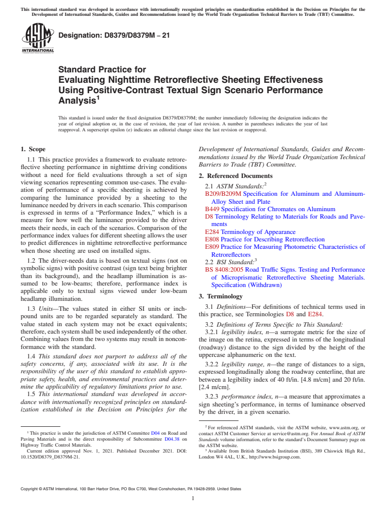 ASTM D8379/D8379M-21 - Standard Practice for Evaluating Nighttime Retroreflective Sheeting Effectiveness  Using Positive-Contrast Textual Sign Scenario Performance Analysis